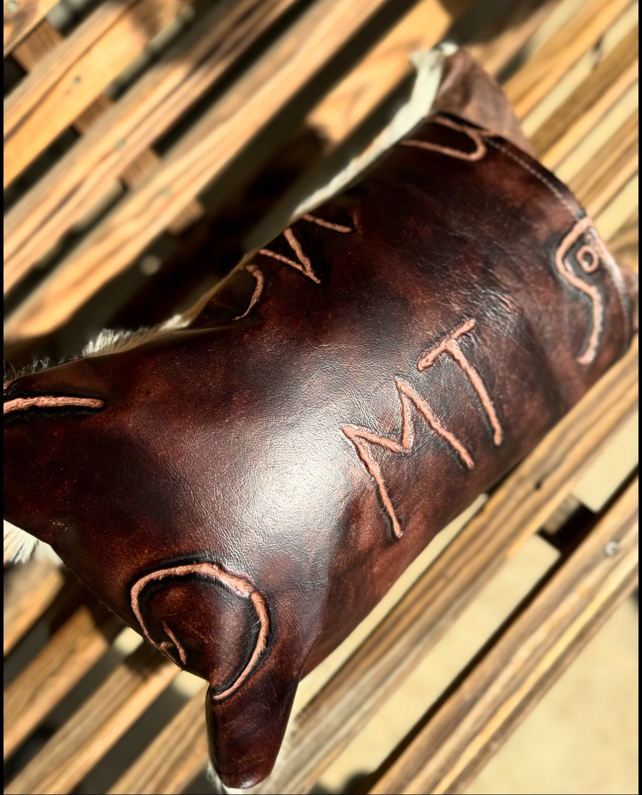 12”x18” Cowhide Pillow w/ Brand Leather