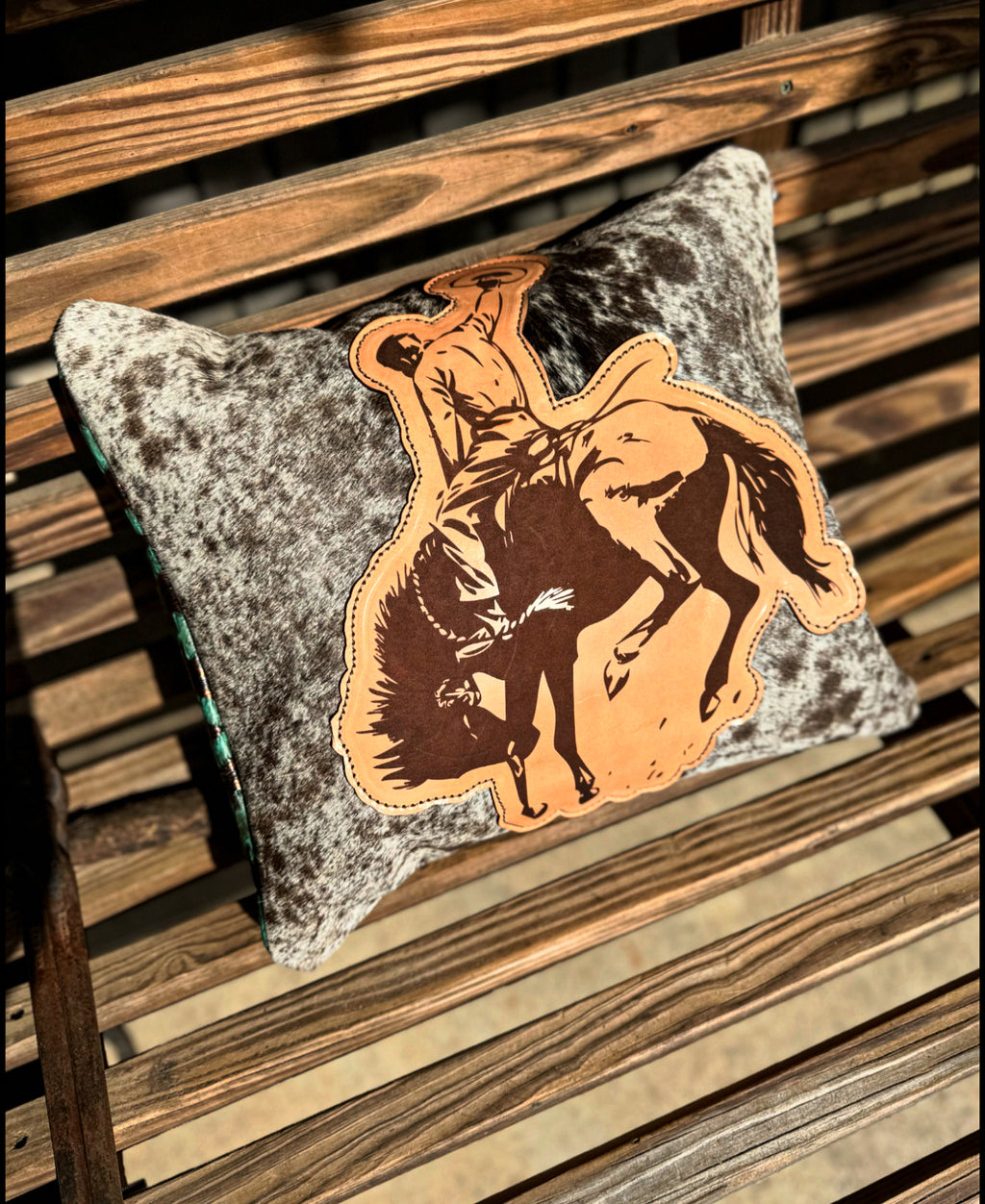 16”x16” Cowhide Pillow w/Bucking Horse leather