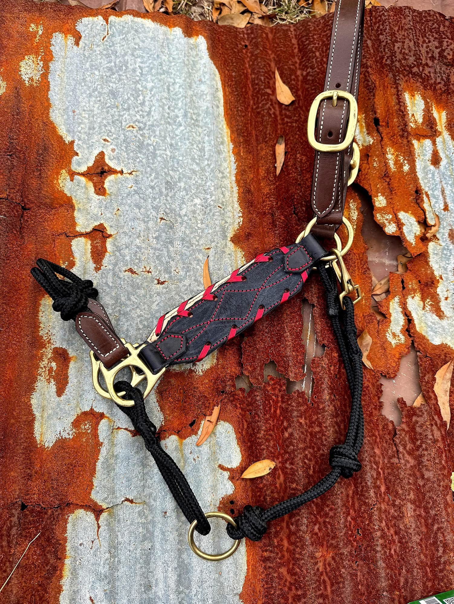 Black & Red Leather Hybrid Halter